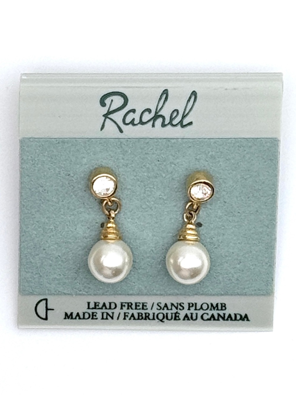 Vintage Rachel Canada Gold Faux Pearl Crystal Drop Earrings